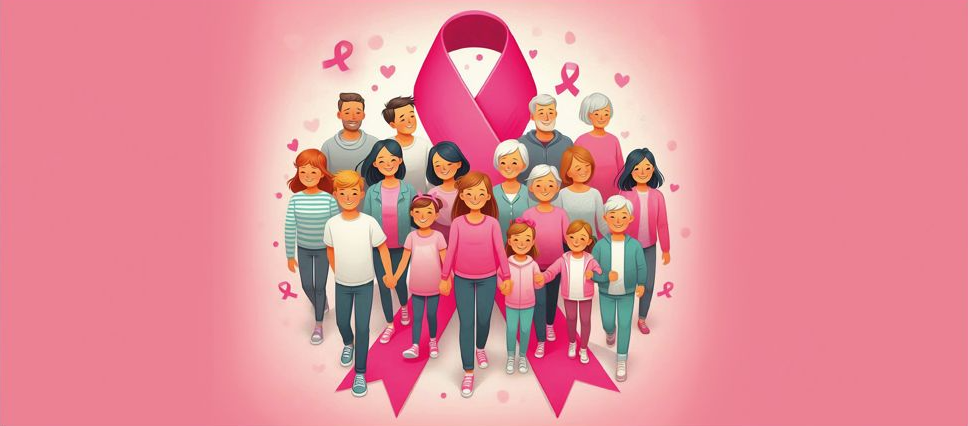 Illustrazione di famiglie in cammino con il nastro rosa